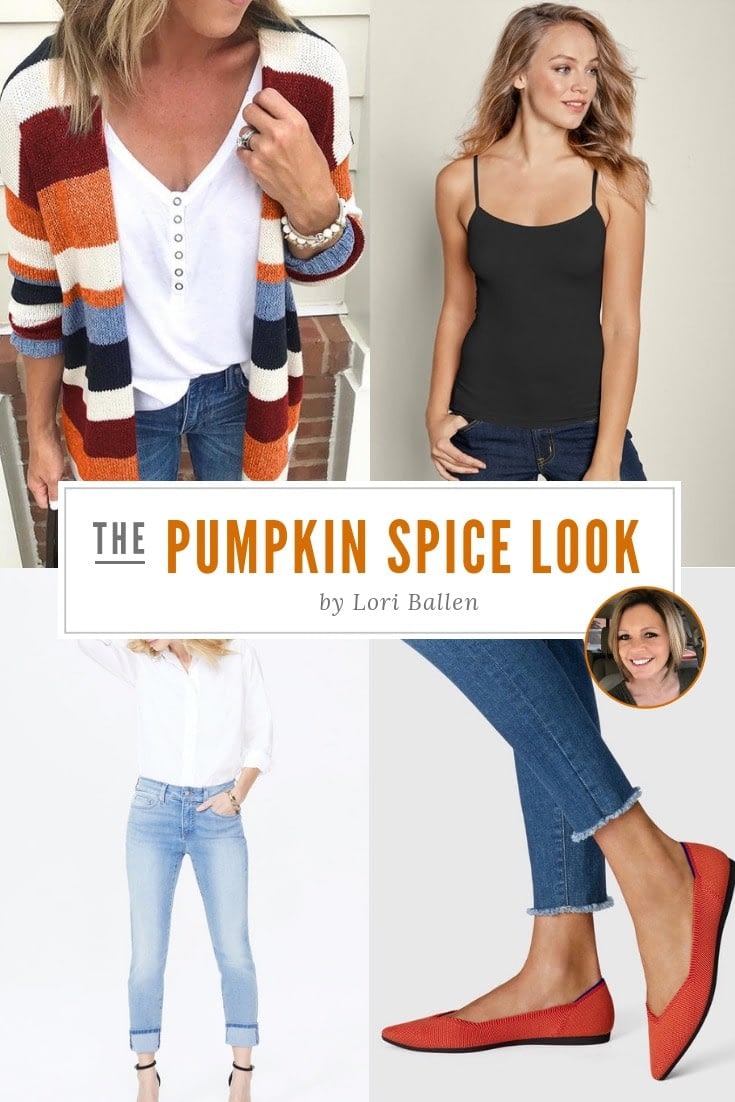 Pumpkin Spice Outfit Of The day by Lori Ballen with 4 images of the multicolored long cardigan, black cami, boyfriend jeans, and persimmon rothys flats